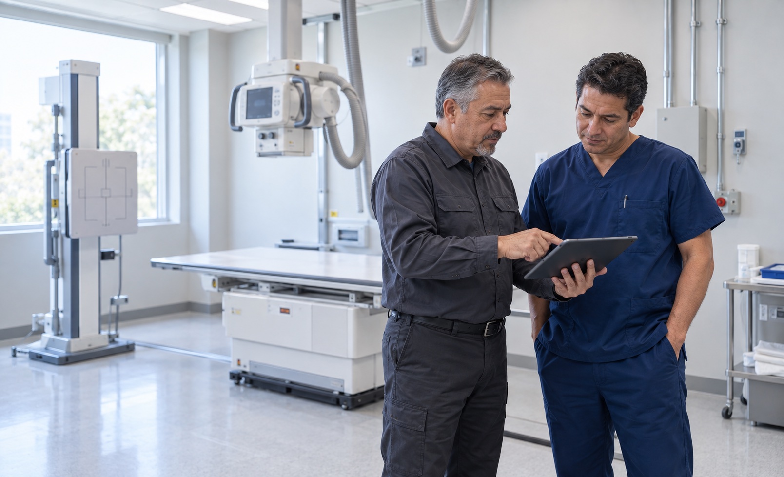 Imagen ilustrativa de un ingeniero y un responsable clínico revisando una sala de imagenología